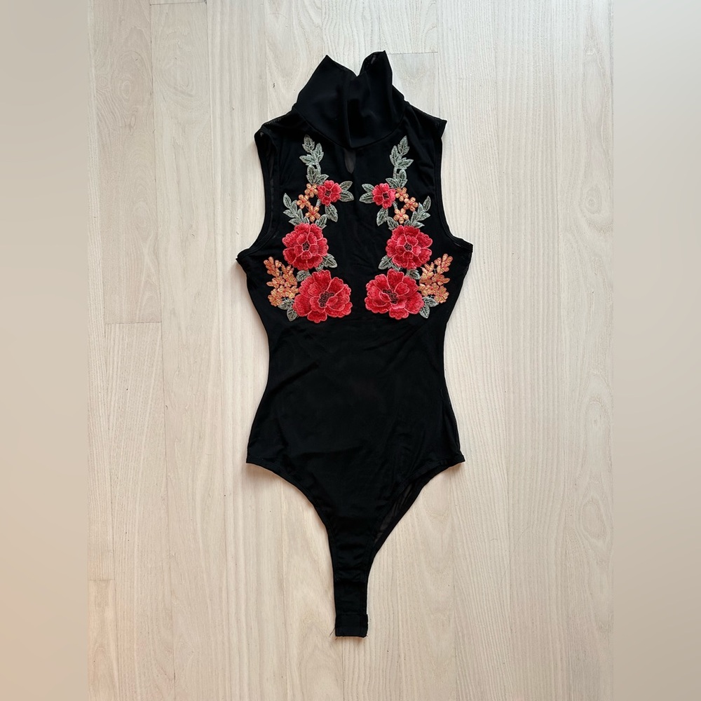 Mesh floral appliqué bodysuit